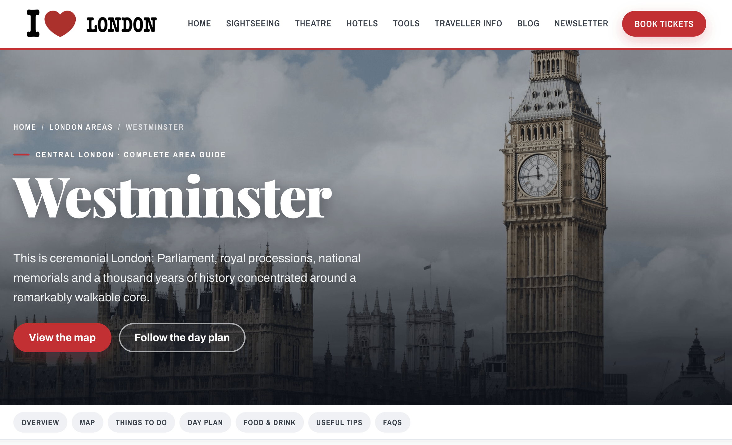 Preview of the Westminster area guide, showing its introduction and section navigation.